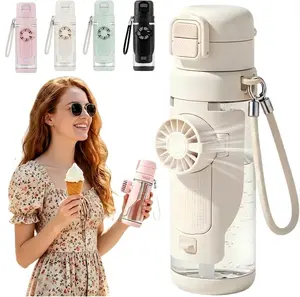 2-in-1 Water Bottle with Built-in Foldable Fan, Portable Fan Water Bottle, Dual Drink Flip Top Lid Portable Aquatic Cup with Lanyard for Summer Outdoor Activities