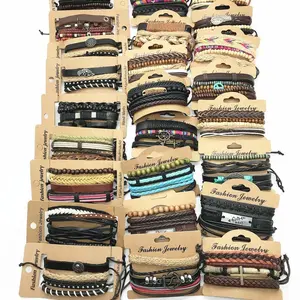 Wholesale Bracelets 50 sets/Lot Bulk Wrap Leather Charm Adjustable Men's Bracelets for Man Women's Jewelry Gift Mix Random Style