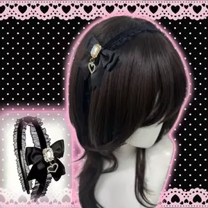 Jirai Kei Ryousangata Lace Ruffle Rhinestone Heart Bow Headband - Cutecore, Girly Feminine Items, Casual Funky Unique Accessory for Women, Sweet Cool Soft Girl Lolita Versatile Hairpiece
