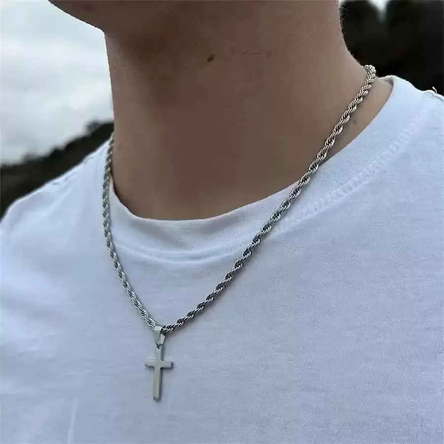 Men's Punk Cross Stainless Steel Necklace - Crucifix, Emo, Chrome-Tone, Casual Style Jewelry for Party & Daily Wear, Crucifix Necklaces, Emo Necklaces