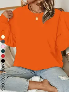 New Creative Simple Solid Color Women's Pullover Sweatshirt, Casual Long Sleeve Round Neck, Trendy Multi-Color Options, Fall & Winter Fashion Top
