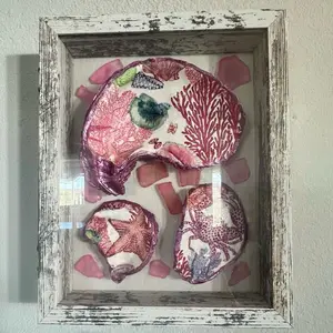 Oyster Shell Shadow Box Wall or Table Art with Vibrant Coral and Starfish Motifs for Coastal Decor