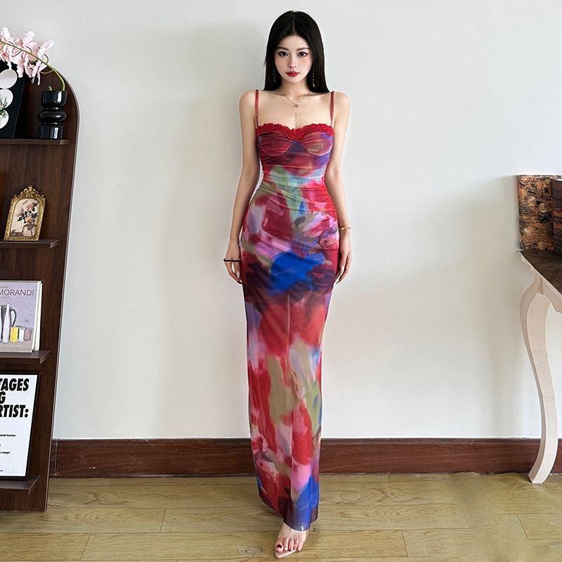 Women's Sexy Elegant Polyester Bodycon Maxi Dress, Colorful Tie-Dye Print, Spaghetti-Strap Sleeveless Strap Collar, Slim-Fit Style, Summer Fashion Trend Piece for Streetwear, Women Clubbing Clothes