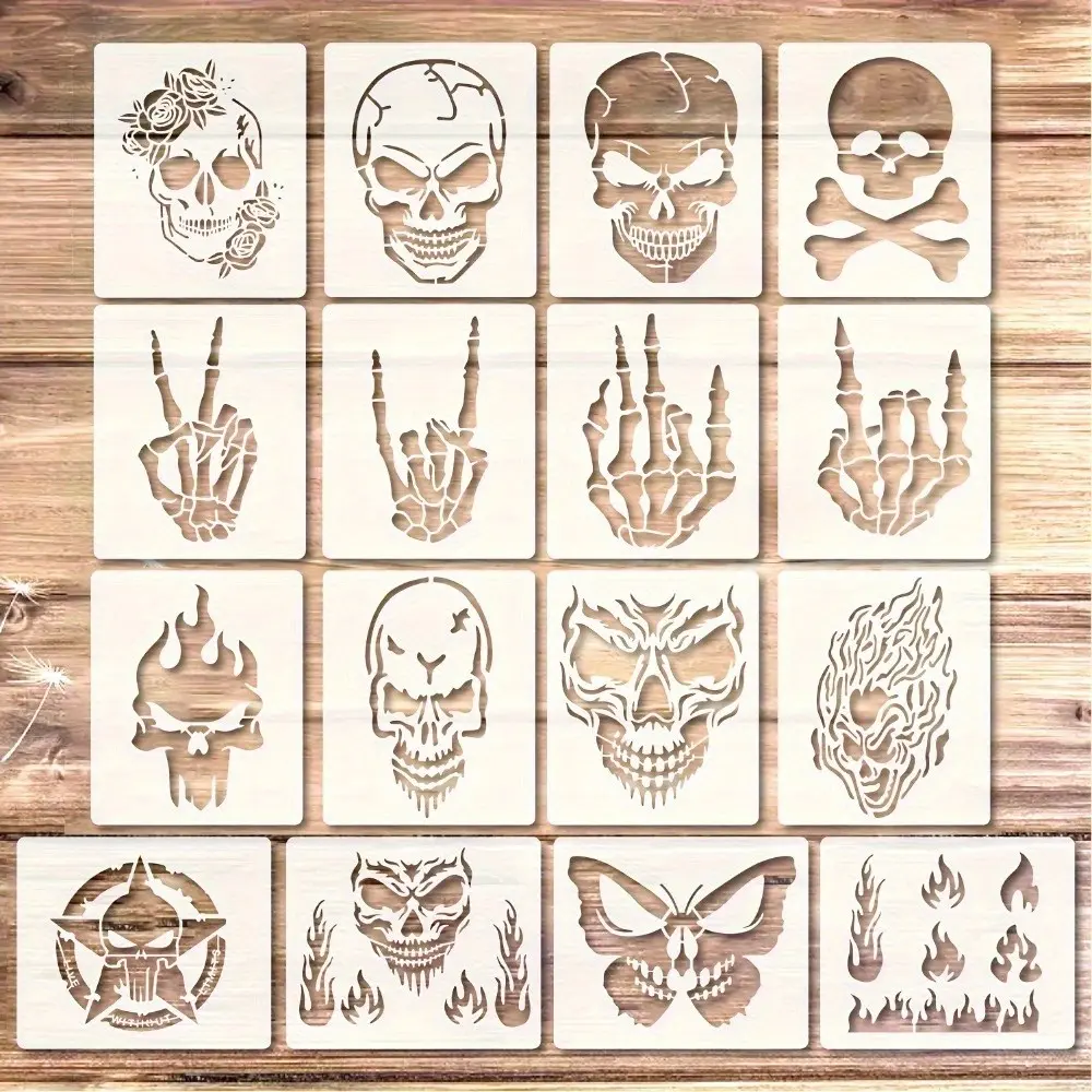 16-Piece Reusable Pet Skull Flame Template Set, DIY Craft Templates, Diy Painting Tool, Diy Painting Supplies, Wall Decor, Art Projects, Christmas & Halloween Gifts
