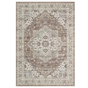 5x7 ft Polyester Cashmere Imitation Camel Rectangular Foldable Floral Pattern Persian Flower Printed Washable Area Rug for Hallway, Bathroom Entryway, Floral Pattern Rug, Machine Washable Rugs, Home Decor Rug, Dining Room Rug