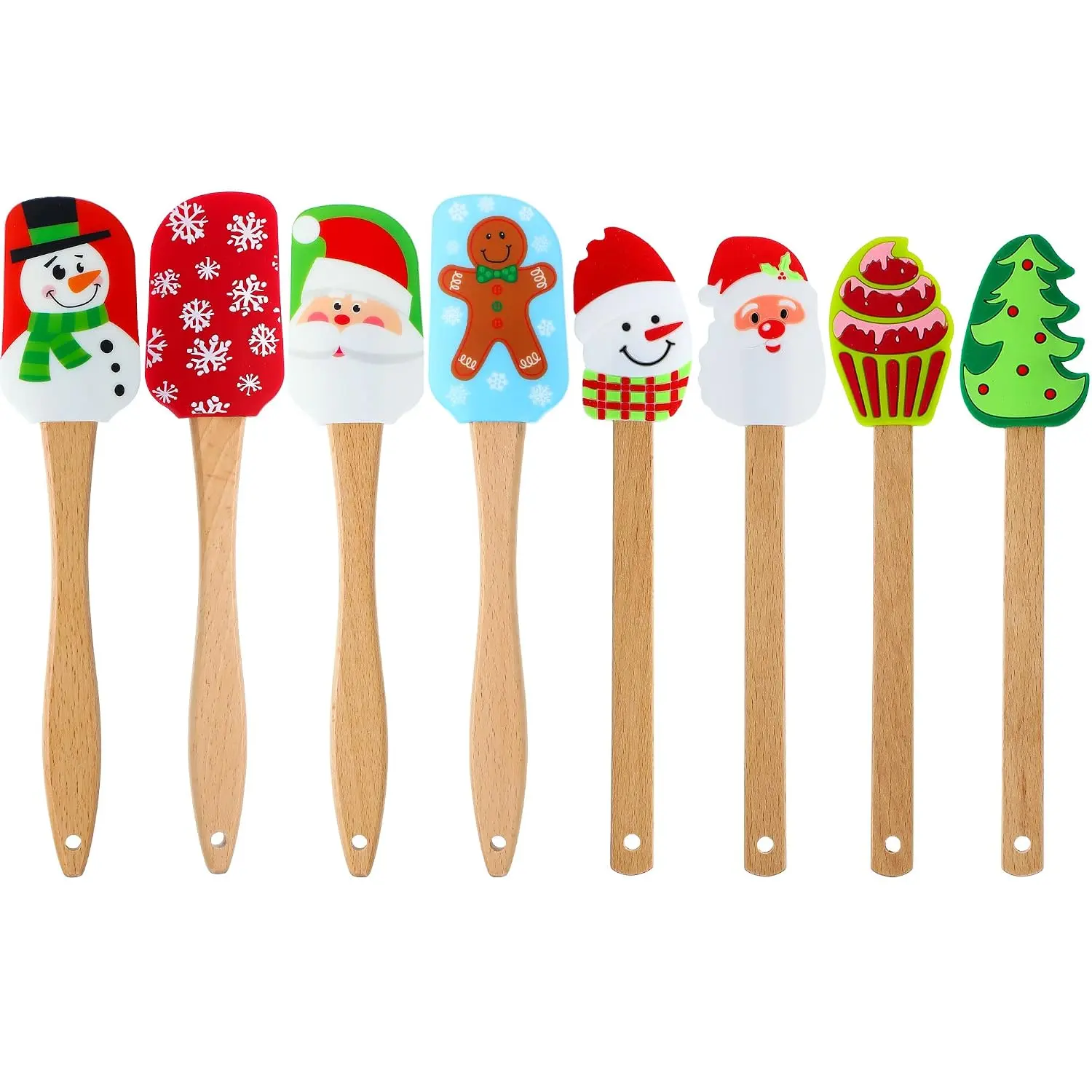 8 Pieces Christmas Silicone Spatula Santa Claus Pattern Spatula Set Xmas Cake Spatula With Wooden Handle Kitchen Silicone Spatula For Stirring Cooking Baking