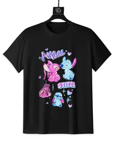 Disney Stitch and Angel Short Sleeve Oversized Graphic T-Shirt - Cartoon Fitted Crew Neck Summer Casual Tee for Fans
