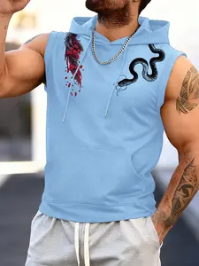 Men's Sleeveless Hooded Sweatshirt, Snake and Rose Design, Casual Sporty Style, Fitted Geometric Pattern, Trendy Fashion Top