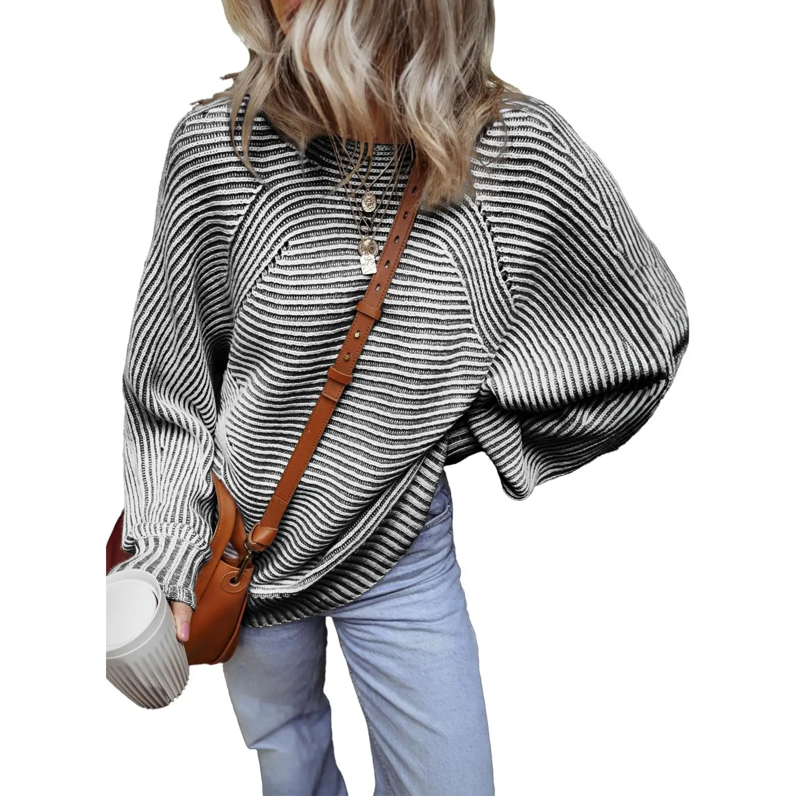 EVALESS Sweaters for Women Oversized Crewneck Batwing Sleeve Knitwear Casual Ribbed Two Tone Striped Thick Pullover Sweater 2025 Fashion Womenswear Fa