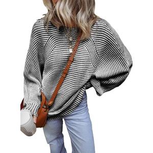 EVALESS Women's Oversized Crewneck Batwing Sleeve Sweater - Soft Two Tone Striped Pullover for Fall & Winter - Chic Thermal Knitwear with Hollow Design