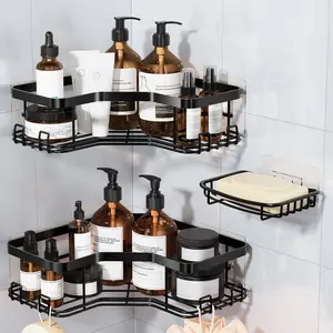 3 Pack Corner Shower Caddy with Soap Holder, Large Capacity Sturdy Adhesive Stainless Steel No Drilling Shower Organizer Shelves Rack Storage Inside Shower for Bathroom Family Renters, Black