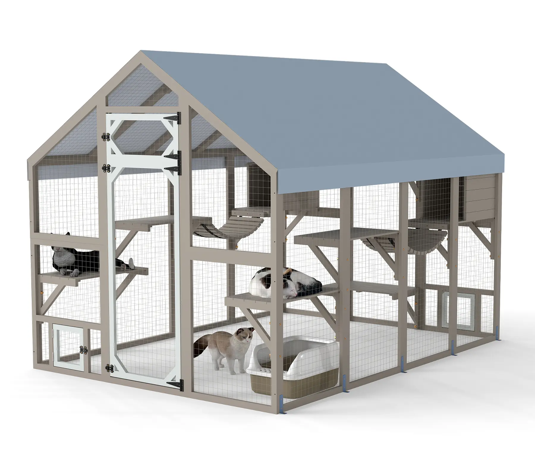 Petscosset Solid Wood Outdoor Catio House, All-Weather Removable Oxford Gable Roof, Multi-Level Climbing & Rest Zones, Full Mesh Anti-Escape Structure, Large Walk-In Main Door, Wind-Resistant Design, Anxiety Relief Backyard Balcony Enclosure, Multi-Level