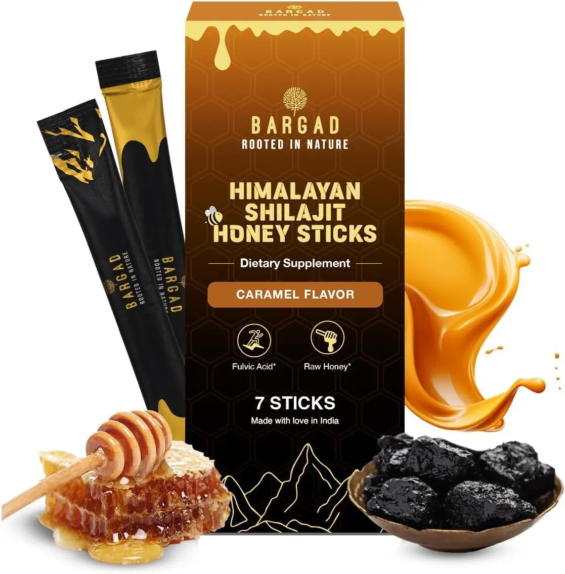 Shilajit Sticks with Organic Honey & Caramel (7 Count) | Easy Single Use Shilajit Sticks | Boosts Energy & Immunity with 85+ Trace Minerals, 75%+ Fulvic Acid