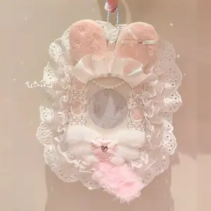 Adorable Lace Photo Card Holder with Chain, Plush Bunny Ears Rhinestone DIY Accessory, 3 Inch Polaroid Protector Sleeve