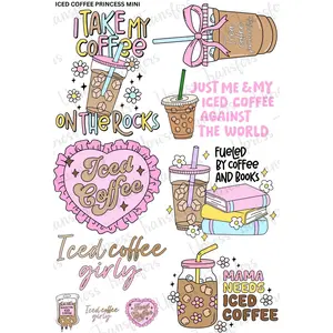 Iced Coffee Princess Mini DTF Transfer Gang Sheet 24.5" x 36" Direct To Film for DIY Enthusiasts Vibrant Custom Options Cozy Handmade Aesthetic