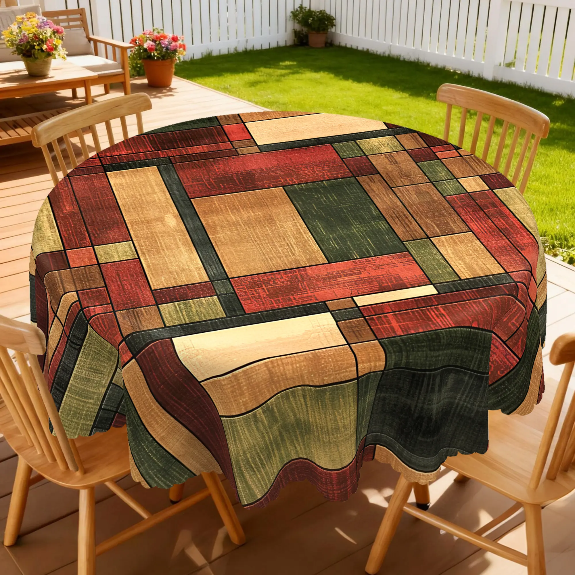 Classic Polyester Vintage Wood Grain Tablecloth - Firm Color Fastness, Machine-Washable Retro Color-Block Plaid Design, Ideal for Dining Table, Summer Farmhouse Kitchen Patio Decor, Perfect Gift
