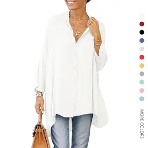 Danedvi Womens Oversized T Shirts Button Down Long Sleeve Shirt V Neck Collar Loose Flowy Blouse plus size Casual Womenswear