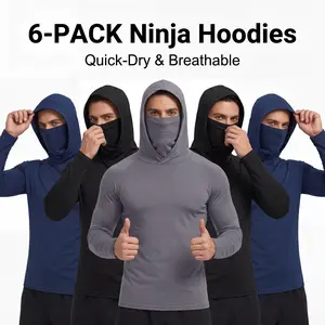Set of 6 men’s hooded sweatshirts with a face mask design, made from high-elasticity, quick-drying, breathable fabric—ideal for outdoor fishing and running.