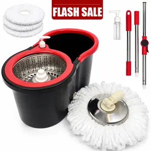 47.2"Spin Mop and Bucket with Wringer Set, 360°Rotating Head Mop Bucket System, 3 Microfiber Mop Heads for Living Room, Bedroom, Kitchen, Office (Black & Red),1 Pack Extra Long Hands-Free Flat Mop,Tall-Friendly Stainless Adjustable Steel african broom