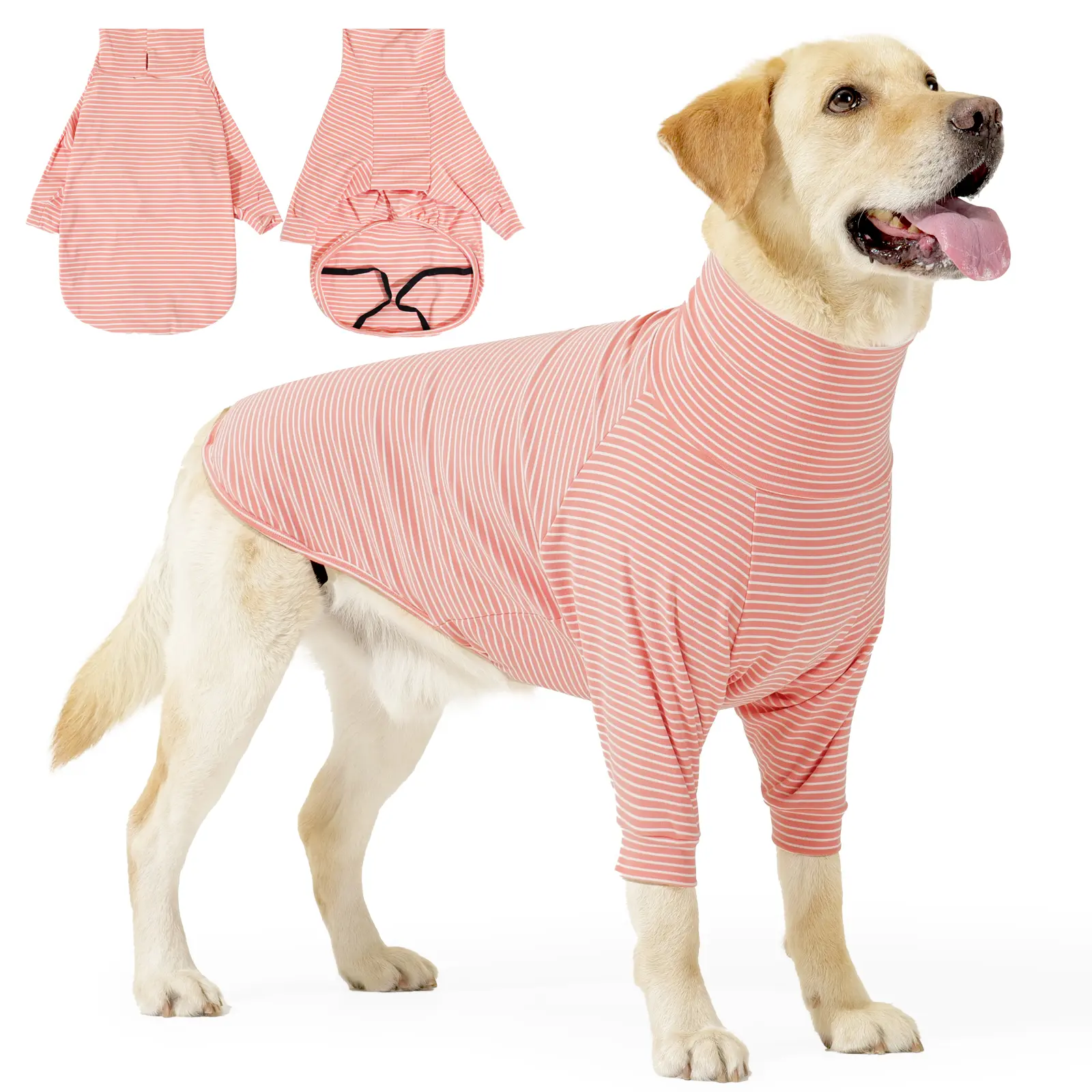 Striped High Neck Dog Shedding Control Pajamas, Thermal Long Sleeve Dog Home Clothes with Leash Hole & Hind Leg Fix Strap, Anti Hair Loungewear for Small Medium Large Dogs