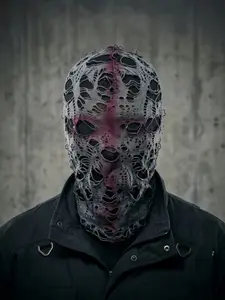 Distressed Balaclava Ski Mask with Cross Print, Y2K Streetwear Shiesty Mask, Knitted Full Face Cover for Men & Women, Full Face Coverage, Unisex Fit