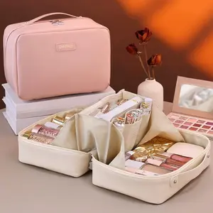 Large Capacity Layered Cosmetic Bag, Waterproof PU Travel Makeup Organizer, Ideal for Organizing Cosmetics & Toiletries, Makeup Storage Bag, Makeup Pouch