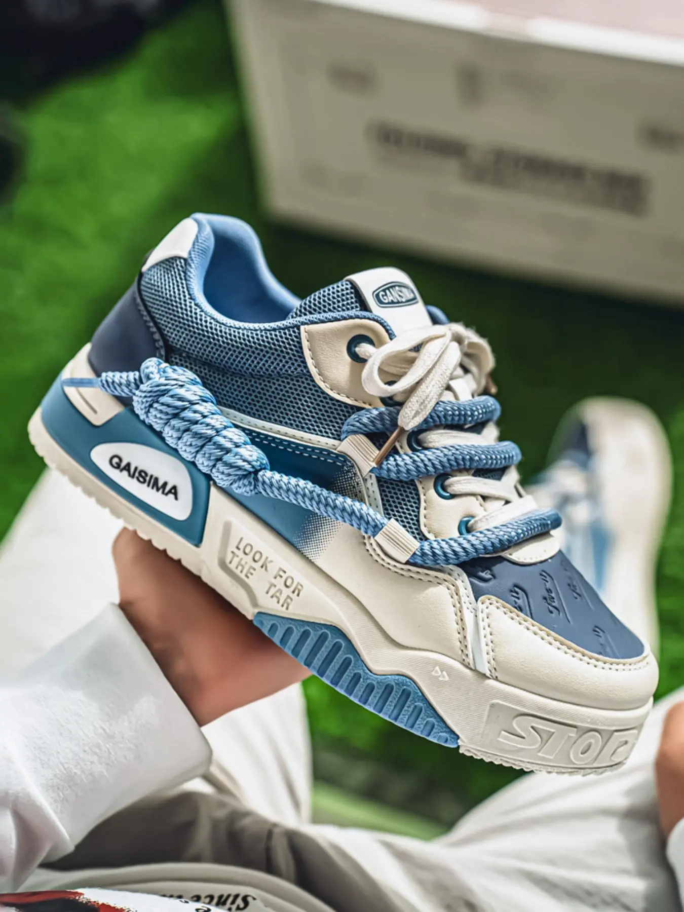 Men's Gradient Blue Trendy Sports Shoes, Sneaker, Patchwork Mesh PU Leather, Rope Laces, Durable Rubber Sole, Sporty Street Style, Sizes 39-48