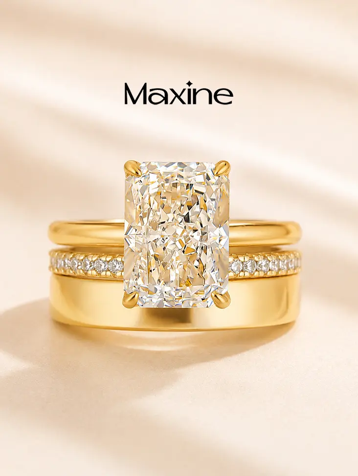 Maxine Affordable 14K Gold Plated 4.5ct Radiant Cut Wedding Ring Set,Stackable Thick Band, Solitaire Elongated Engagement Ring Set,Travel Friendly Daily Fine Jewelry
