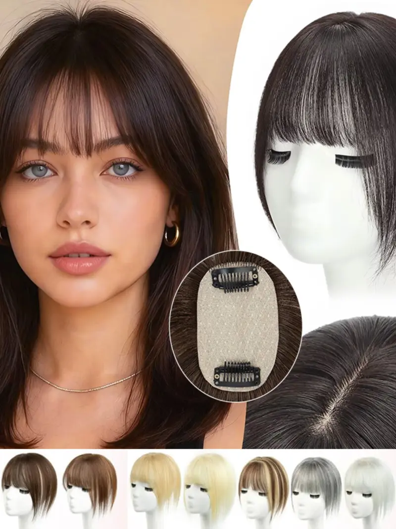 Women Human Hair Topper with Bangs, 5x9cm Natural Highlights, Blonde Skin Scalp Clip-In Hair Piece
