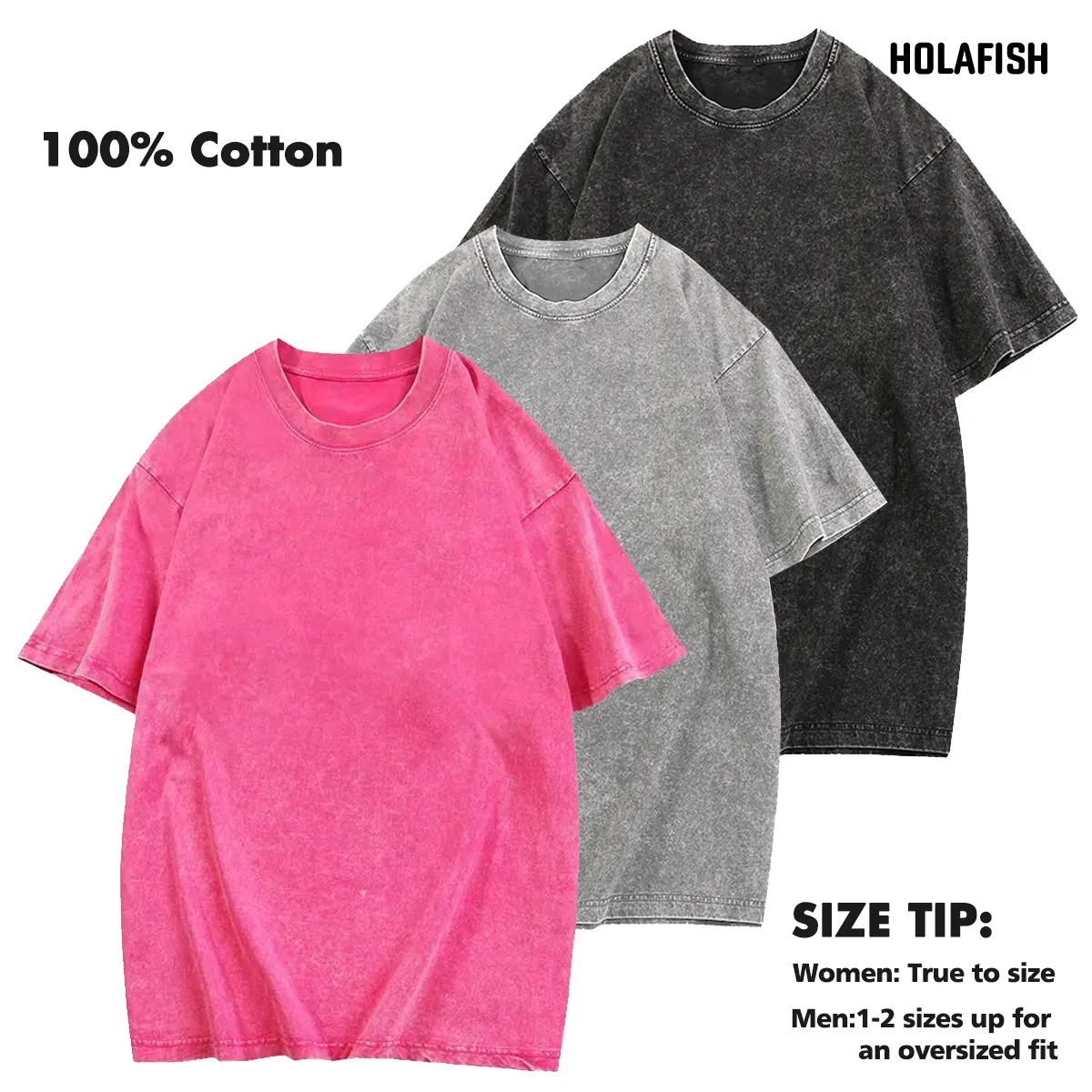 Holafish 3-Pack Men's & Women's Acid Washed T-Shirts, Classic 100% Cotton Oversized Short Sleeve Vintage Streetwear Tops