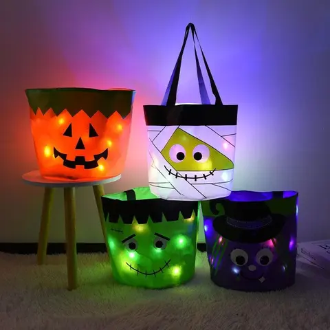 Unisex Reusable LED Pumpkin-Style Tote Basket - Child’s Spooky Trick-or-Treat Bag, Halloween Party Supplies, Festive Home Essentials Gift