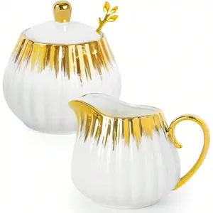 Ceramic Sugar And Creamer Set Cream Pitcher Sugar Bowl With Lid And Spoon Gold Trim For Coffee Bar Serving