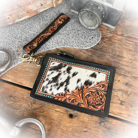 Cowboy Twilight Western Tooled Leather & Cowhide Card Holder