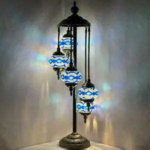 Turkish Floor Lamp with Blue Diamonds - 5-Globe Majestic Design