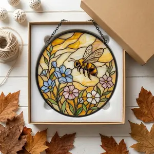 Stained glass window decorations featuring bees and honeybees, garden art, Mother's Day gifts.