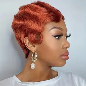 Wholesale 2025 NEW ArrivalsShort Pixie Cut Finger Wave T Part Lace Front Human Hair Wig For Women Brazilian Remy Hair Glueless 99J Curly Wig 150% 13x6x1