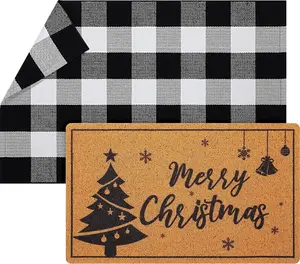 2 count Christmas Door Mat Xmas Front Doormat Black and White Buffalo Checkered Rug Decorative Christmas Tree Imitation Coir Welcome Floor Mat Layering Rug for Front Door