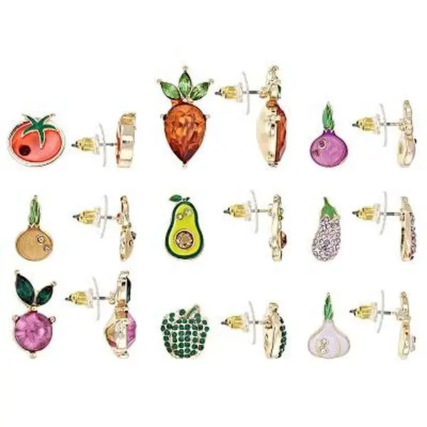Jtv Off Park Collection 9-Piece Vegetable Stud Earring Set, Multi-Color Crystal and Enamel in Gold Tone with Bullet Backs, Earring Stack, Colorful Earrings, Whimsical Earrings