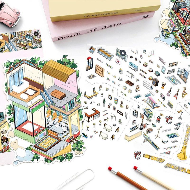 12 oversized scene stickers, fun scene themes, vintage style, PET white card dual materials, self adhesive, DIY journal decoration scrapbook notebook material sticker pack