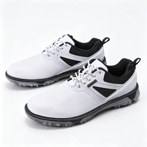 LXSO Men's Fashion Casual Athletic Golf Shoes - Waterproof Leather-Mix, Low-Profile Spikes, Laces, Lightweight, Breathable, EVA Soft Insole for Walking, Sports Training