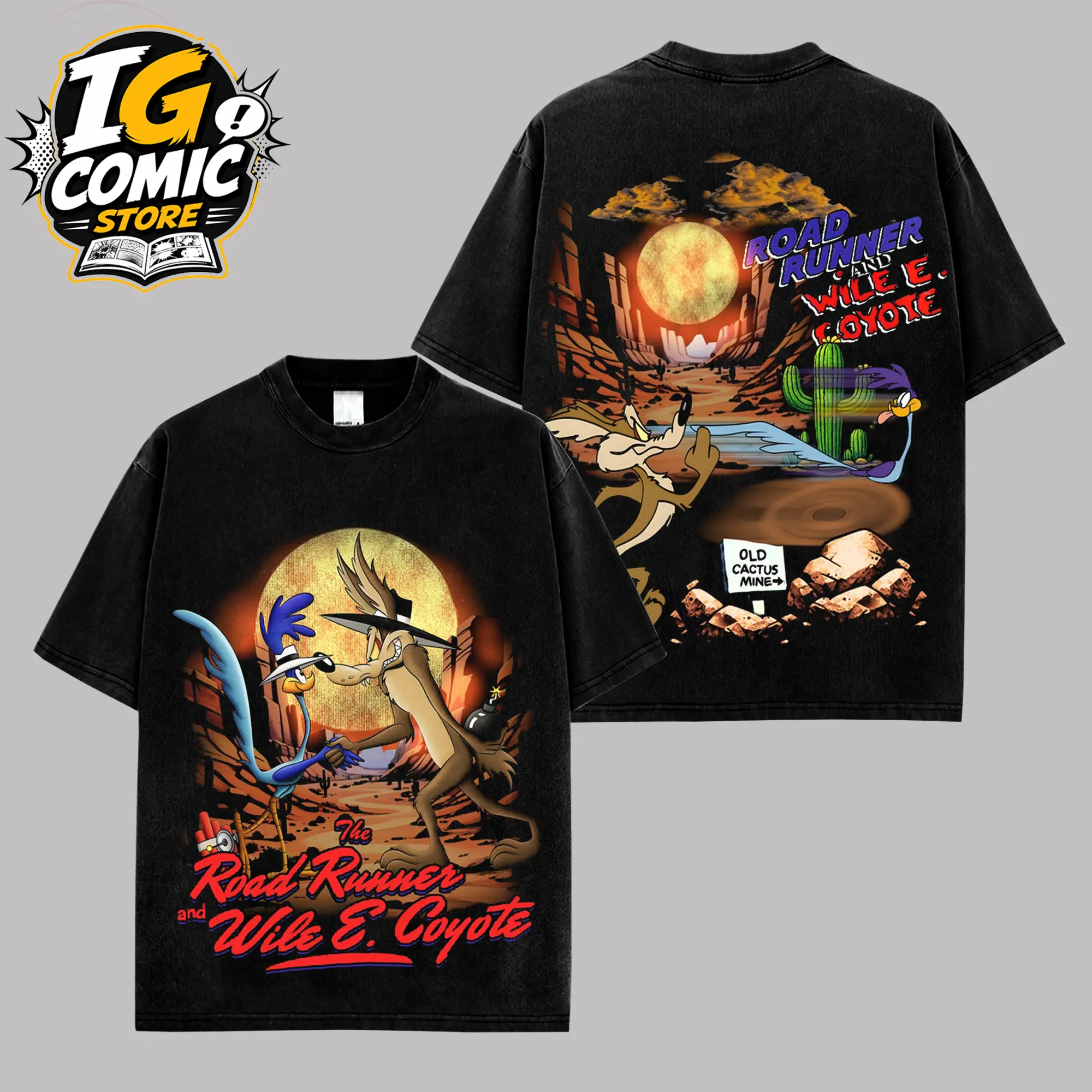 Retro Desert Cartoon Duo T-Shirt, Vintage Coyote Chase Graphic Tee, Funny Classic Animation Streetwear Shirt, Oversized Cartoon Character Tee, Y2K Looney Style Unisex Cotton TShirt, Nostalgic Cartoon Fashion Top for Fans