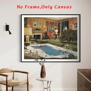 Swimming Pool Pattern Unframed Painting, 1 Count Vintage Style Canvas Wall Art, Wall Decor for Home Living Room Bedroom Study Room, Ornaments