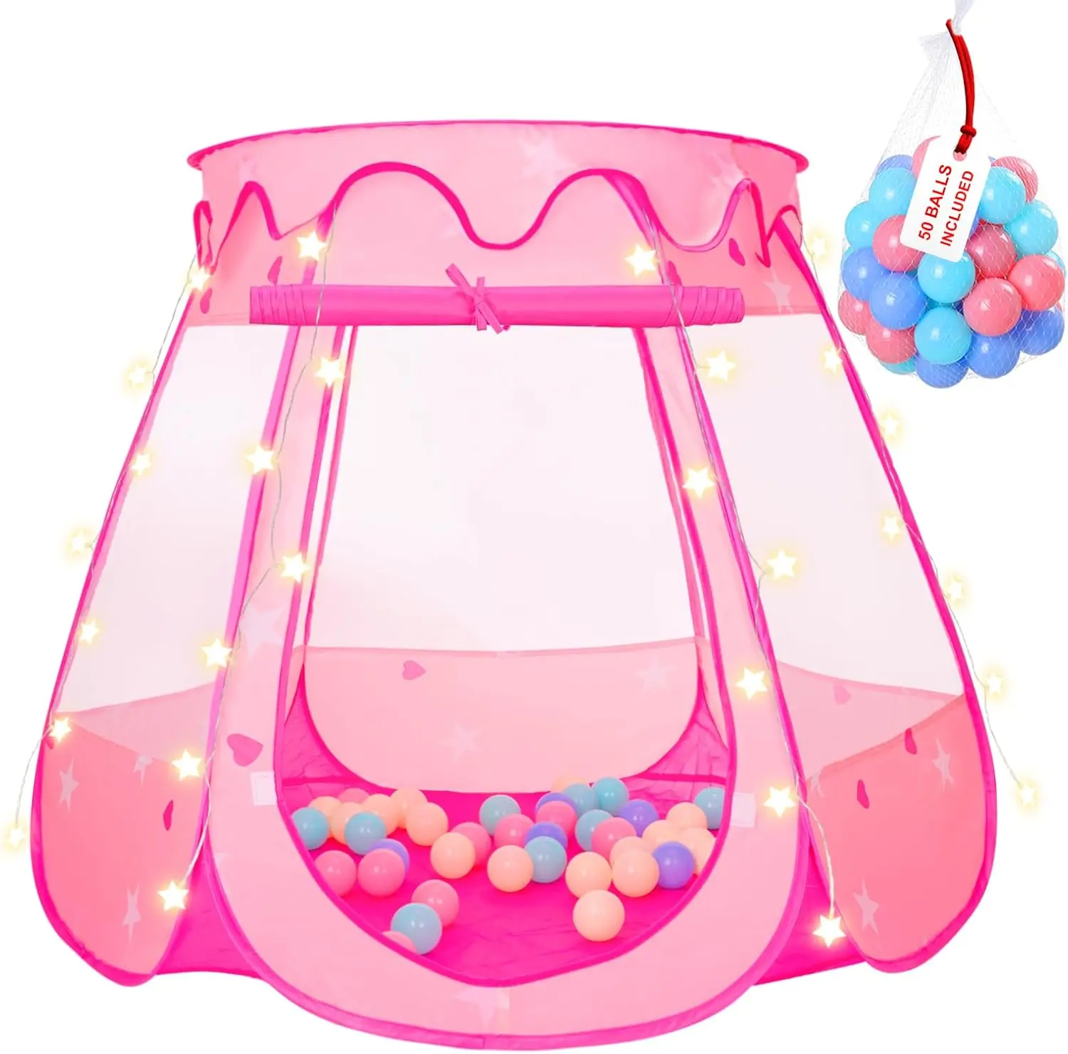 Fall Halloween Gift Pop-Up Princess Tent with 50 Balls & Star Lights - Toddler Ball Pit for Girls | Birthday Gift, Indoor & Outdoor Playhouse with Bag