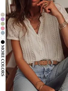Women's French Vintage Lace Cutout Shirt, V Neck Pearl Button Short Sleeve Top, Summer Vacation Chic Feminine Blouse for Girls