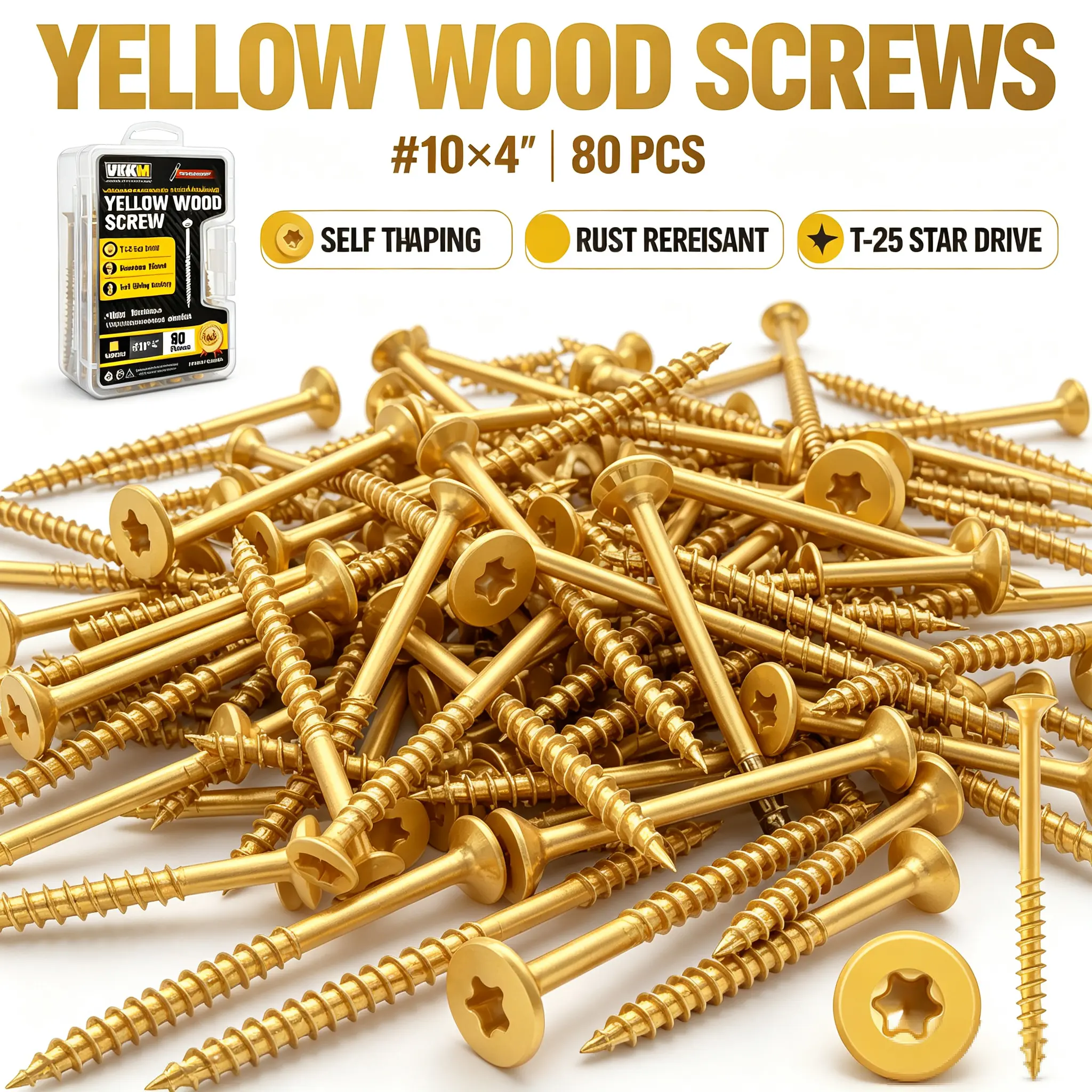 VKKM 80Pcs #10 x 4 Inch Yellow Deck Wood Screws, T25 Torx Star Drive Rust Proof Self-Tapping Fasteners No Pre-Drilling with Free T25 Bit for Outdoor Decks Fences