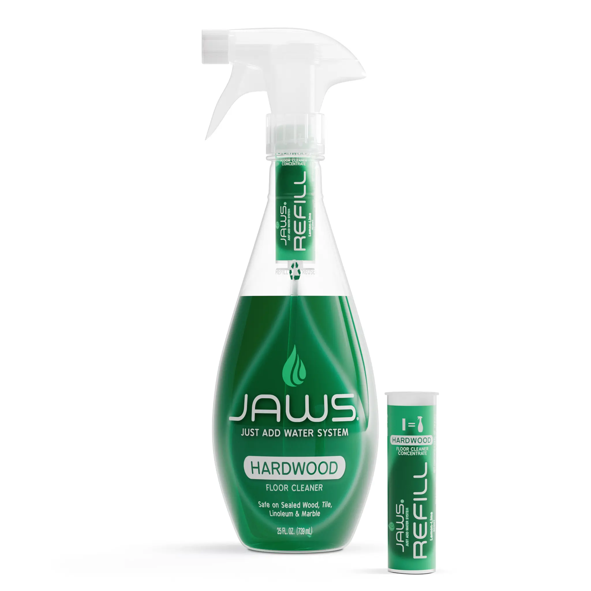 JAWS Hardwood Floor Cleaner Bottle with 2 Refill Pods - Eco-Friendly Refillable System - Streak-Free Formula - Safe for Most Floors - Lightly Scented Lemon Lime Fragrance
