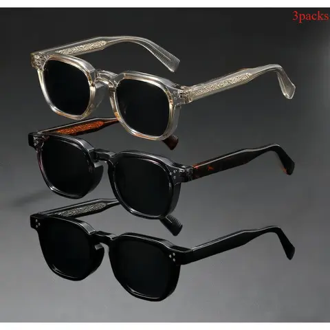 Unisex 3-Pack Square Framed Sunglasses Set - Vintage Acetate, Animal Print, Solid Patterns, Featherlight UV400 Sun Protective Sunglasses, Etched Arms, Anti UV Glasses, Square Lightweight Eyewear for Casual Outings, Transparent Gray
