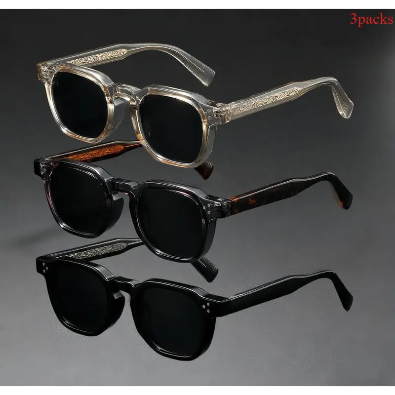 Unisex 3-Pack Retro Square Acetate Frame Sunglasses Set, Tortoise Print & Solid Patterns, Featherlight UV400 Black Lenses, Etched Arms, Casual Outings Bag Accessory Charm, Sun Protection