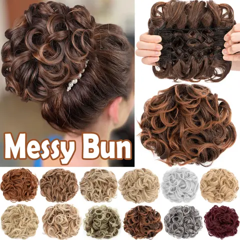 90G Short Messy Curly Fake Hair Bun Extension - Easy Stretch Fiber Synthetic Curls Scrunchie Chignon with Combs Clip-In, Soft Curly Ponytails for Special Day, Cover Thinning Hairpieces