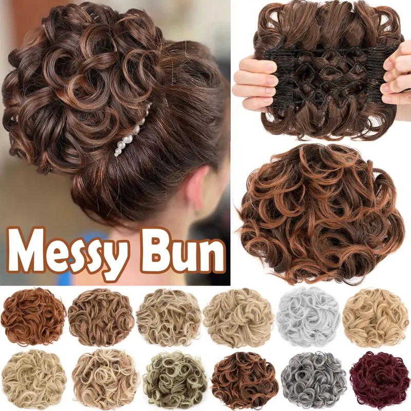 90G Short Messy Curly Fake Hair Bun Extension - Easy Stretch Fiber Synthetic Curls Scrunchie Chignon with Combs Clip-In, Soft Curly Ponytails for Special Day, Cover Thinning Hairpieces